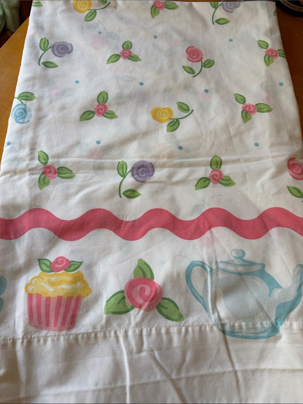 Tea-Time Floral Cotton Kitchen Towel - Pink, Yellow, Blue Accents
